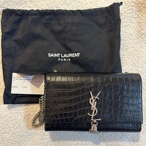 Saint Laurent Black Crocodile-Embossed Leather Medium Kate Tassel Bag